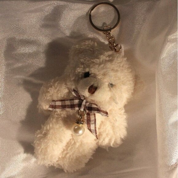 Super Cute Stuffed Animal Adorable Off-White Teddy Bear Pearl Charm Key Chain - Picture 4 of 5